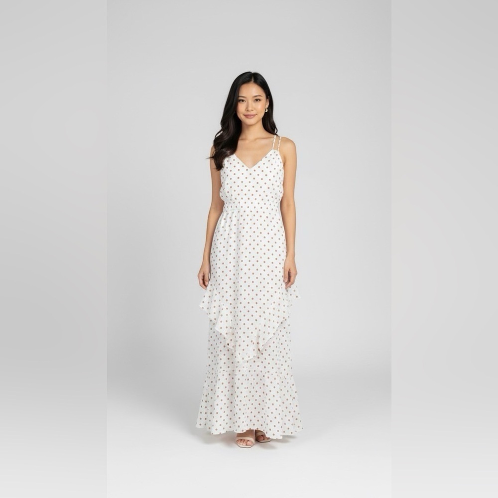 NEW Maison Tara Polka Dot Print Ruffle Strap Maxi Dress Ivory & Red Sz 8